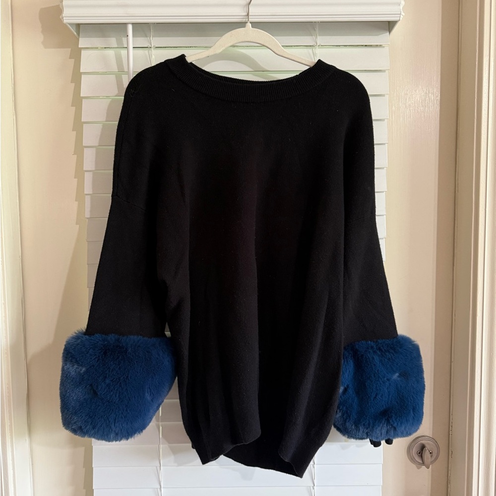 Saks Fifth Avenue Black Sweater with Blue Faux Fur Cuffs